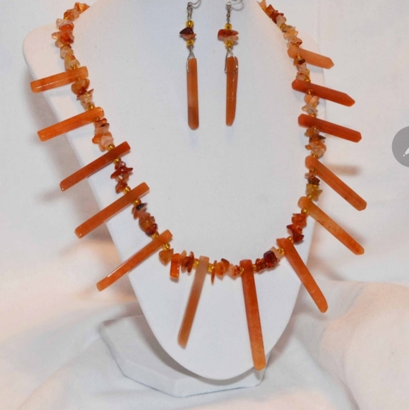 ONE OF A KIND Amber Colored Semi-Precious Quartz Beaded Necklace & Earri…